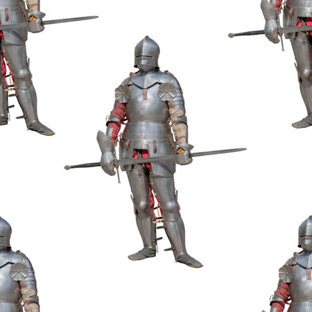 Medieval knight in full silver armor holding a sword stands prominently in the center of the image...