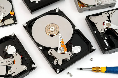 Opened hard disk drives with visible internal components and a screwdriver on a white surface,...