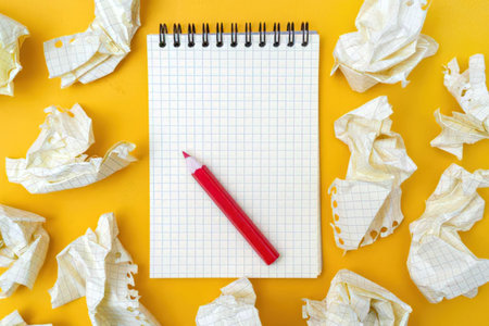Open blank grid notebook with red pencil surrounded by crumpled paper sheets on a vibrant yellow...
