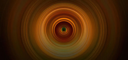 Concentric orange and brown circles swirl around a central point creating a mesmerizing abstract...
