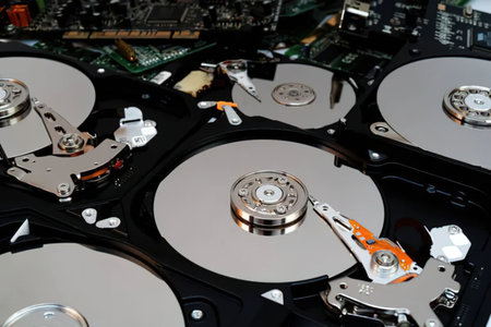 Exposed internal components of a hard disk drive show multiple silver platters and read write heads,...