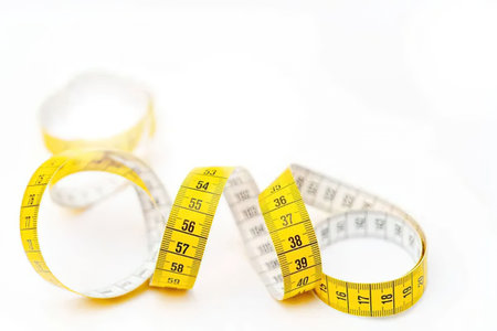 Yellow and white measuring tapes are curled up on a white background showing various numbers and...
