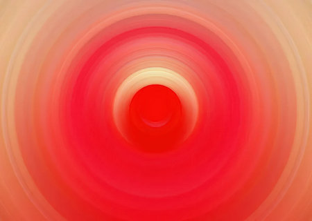 Vibrant red and orange abstract background features swirling circular motion with gradient effect,...