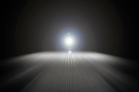 Bright light rays emanating from a central point in the distance, creating a sense of depth and...