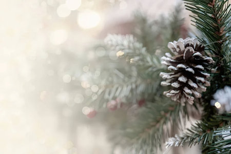 Frosty christmas tree branch with snow covered pine cones and festive decorations in a blurred...