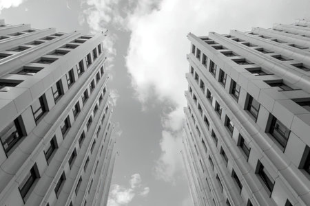 Two modern tall buildings with numerous windows stand against a cloudy sky in a monochromatic...