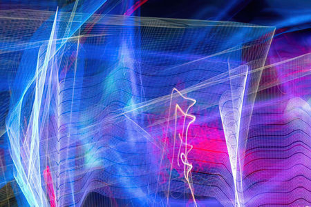 Vibrant abstract digital artwork features dynamic blue and purple waves, neon accents, and...