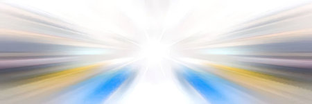 Bright white glow at center radiates colorful light rays in blue, yellow, and purple hues creating a dynamic abstract visual effect with blurred motion.の写真素材