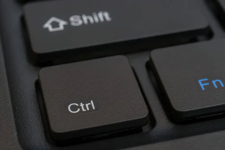 Close up of computer keyboard keys including shift and control buttons displayed clearly on a black...