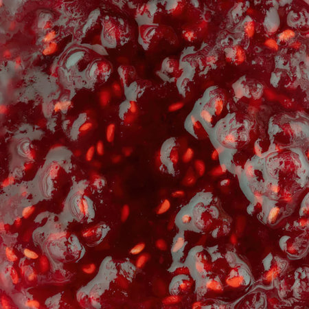 Raspberry jam with visible seeds and vibrant red color, freshly prepared for desserts, toppings, or...