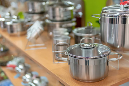 Stainless steel pots and pans are neatly displayed on wooden shelves in a well-organized kitchen...
