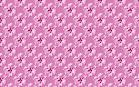 Pink flowers pattern seamless repeat design on soft pink background creating a vibrant and colorful...