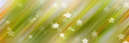 White stars on abstract green background with blurry rays of colorful light shining through creating...