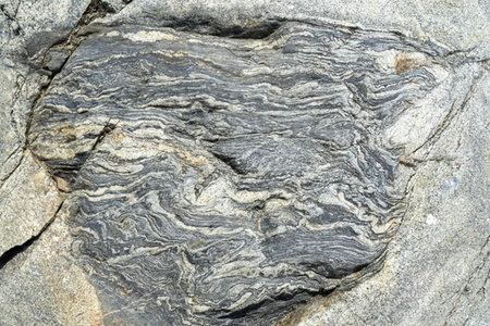 Complex metamorphic rock displays intricate patterns and textures formed through intense geological...