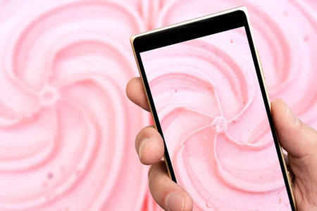 Hand holding a smartphone with a pink lollipop image on the screen, pink lollipop on the matching...