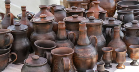 Handmade dark brown clay pottery including teapots and cups displayed on a table showcasing...