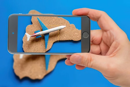 Hands holding a smartphone displaying augmented reality image of a plane flying over a cork map on a...