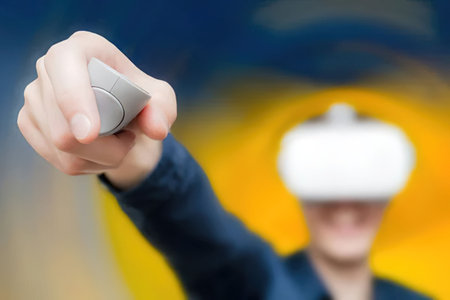 Man wearing virtual reality headset and holding controller for an immersive gaming experience.
