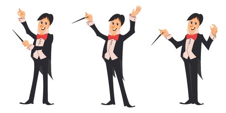 Conductor of orchestra in different poses. Male character in cartoon style.のイラスト素材