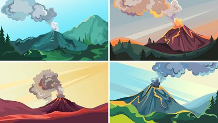 Set of active volcanoes in the wild. Beautiful nature sceneries.のイラスト素材