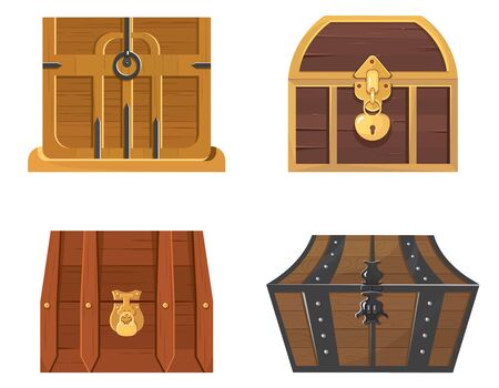 Set of wooden treasure chests. Vintage objects in cartoon style.のイラスト素材
