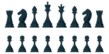 Set of all chess pieces. Black objects in cartoon style isolated on white background.のイラスト素材