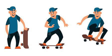 Skateboarder in different poses. Male character in cartoon style.のイラスト素材