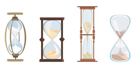 Set of vintage hourglass. Clock with flowing sand in cartoon style.のイラスト素材