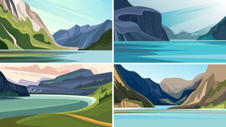 Set of beautiful fjord landscapes. Nature sceneries with mountains and water.のイラスト素材
