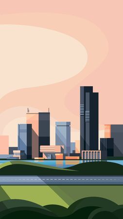 Beautiful city landscape. Urban scenery with buildings, river and road.のイラスト素材