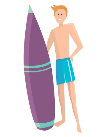 Surfer standing and holding board. Vector illustration in flat style isolated on white background.のイラスト素材