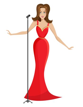 Beautiful woman singing in a red dress. Vector illustration in cartoon style isolated on white background.のイラスト素材