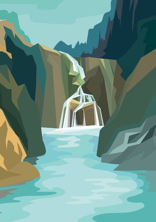 Beautiful waterfall landscape. Vector illustration in cartoon style.のイラスト素材