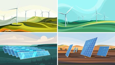 Set of landscapes with wind farms and solar panels. Alternative energy.のイラスト素材