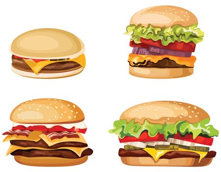Set of different burgers. Fast food in cartoon style.のイラスト素材