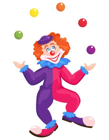 Clown juggling with colorful balls. Funny character in cartoon style isolated on white background.のイラスト素材