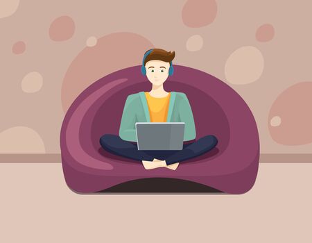 Male character working at home. Illustration of remote work in cartoon style.のイラスト素材