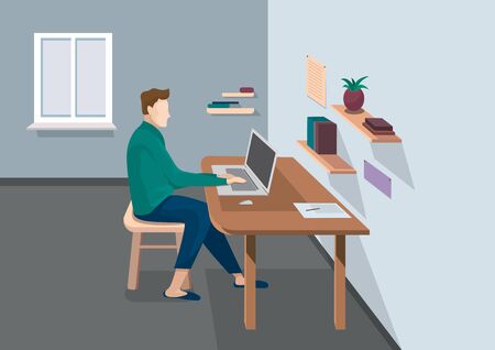 Male character working at home. Illustration of remote work in cartoon style.のイラスト素材