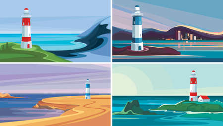 Set of seascapes with lighthouse. Beautiful nature sceneries.のイラスト素材