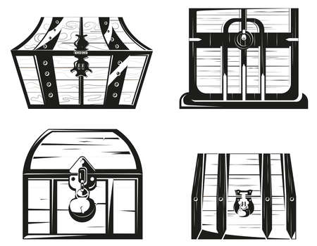 Set of wooden chests. Vintage objects in monochrome style.のイラスト素材