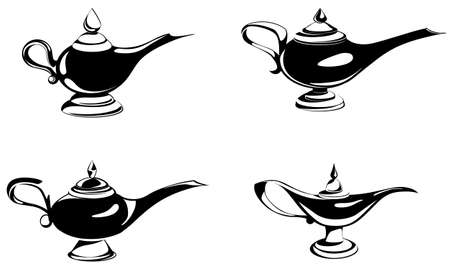 Set of different magic lamps. Antique objects in monochrome style.のイラスト素材