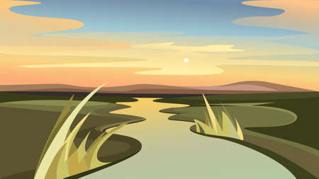 River landscape at dawn. Beautiful nature scenery.のイラスト素材