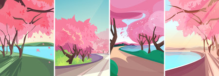 Sceneries with blooming sakura. Spring landscapes in vertical orientation.のイラスト素材