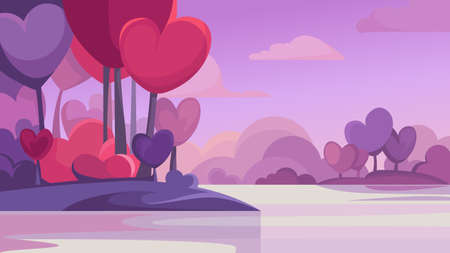 Forest with heart shape trees by the lake. Beautiful abstract landscape.のイラスト素材