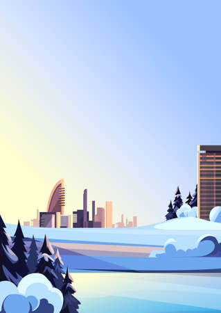City in winter season. Landscape with modern buildings in vertical orientation.のイラスト素材