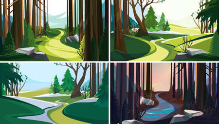 Landscapes with road in spring forest. Collection of nature sceneries.のイラスト素材
