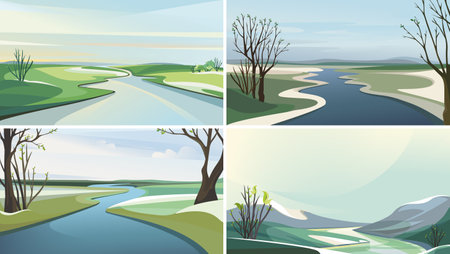 Collection of river landscapes. Beautiful spring sceneries.のイラスト素材