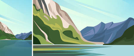 Lake with mountains. Set of natural landscapes in vertical and horizontal orientation.のイラスト素材