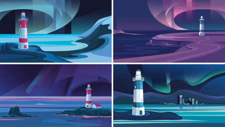 Lighthouses in the background of northern lights. Collection of northern landscapes.のイラスト素材
