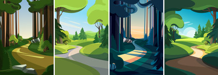 Landscapes with road in summer forest. Collection of nature sceneries in vertical orientation.のイラスト素材